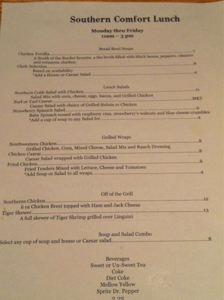 Southern Comfort Steakhouse Nightclub Menu