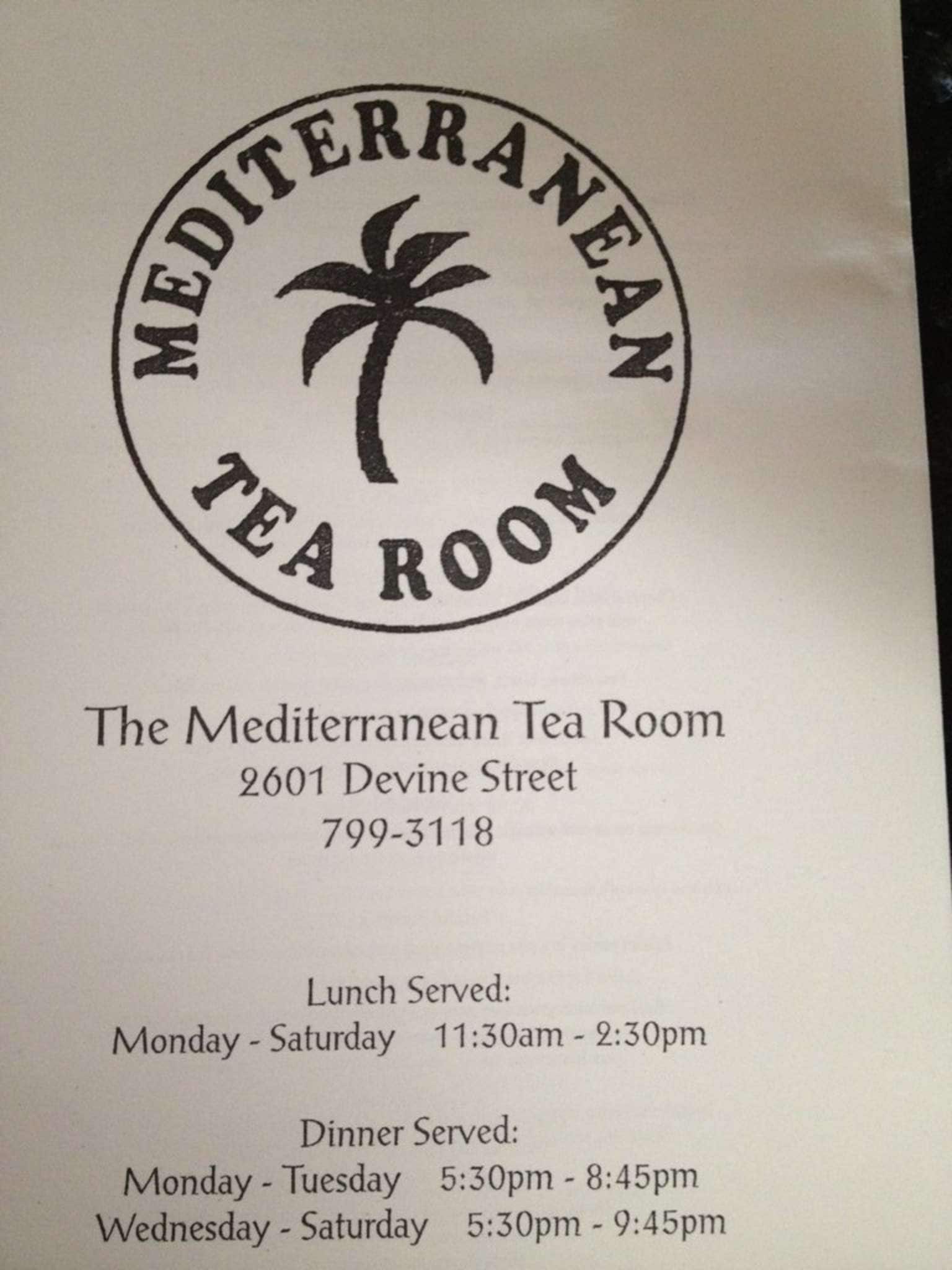 Menu At Mediterranean Tea Room Restaurant Columbia