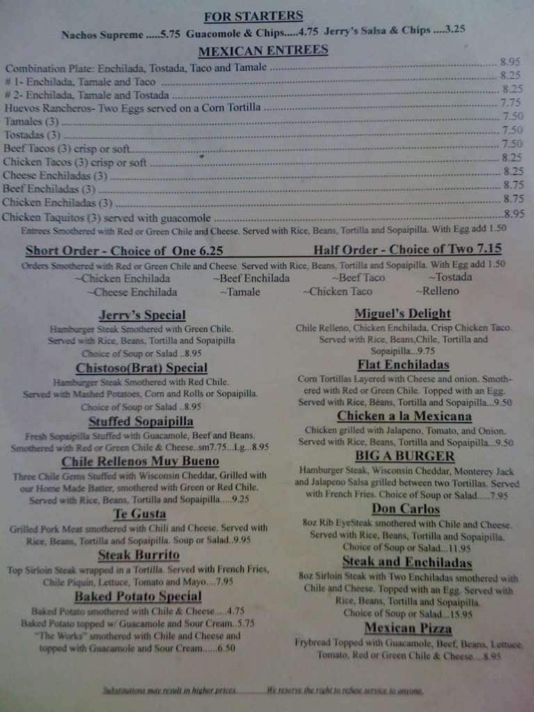 Menu at Jerry's Cafe, Gallup