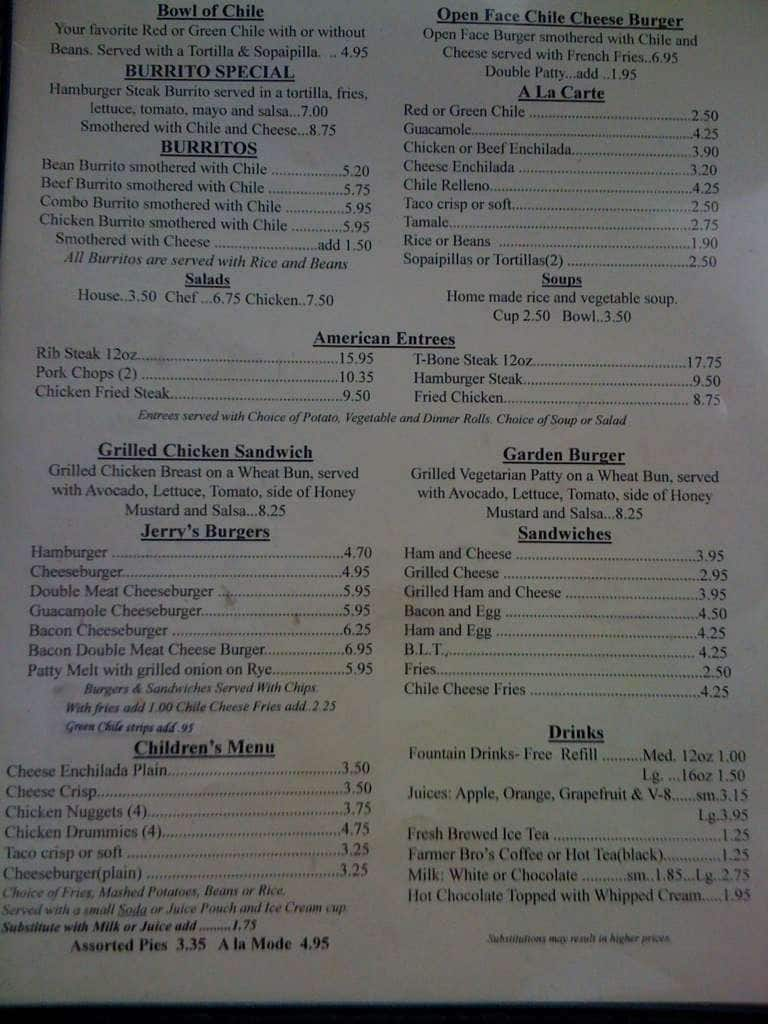 Menu at Jerry's Cafe, Gallup