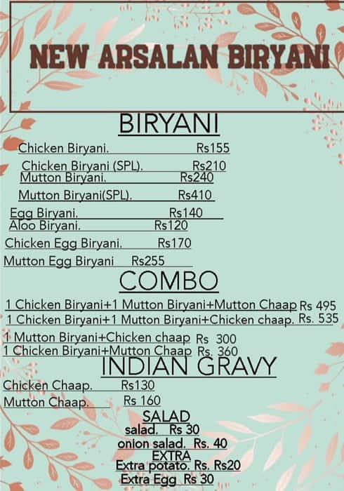 Menu At New Arsalan Biryani Kolkata Tali Park