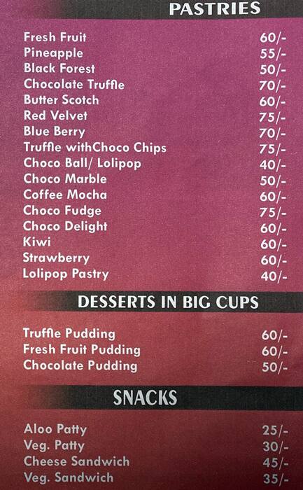 Cakewalk Bakers menu