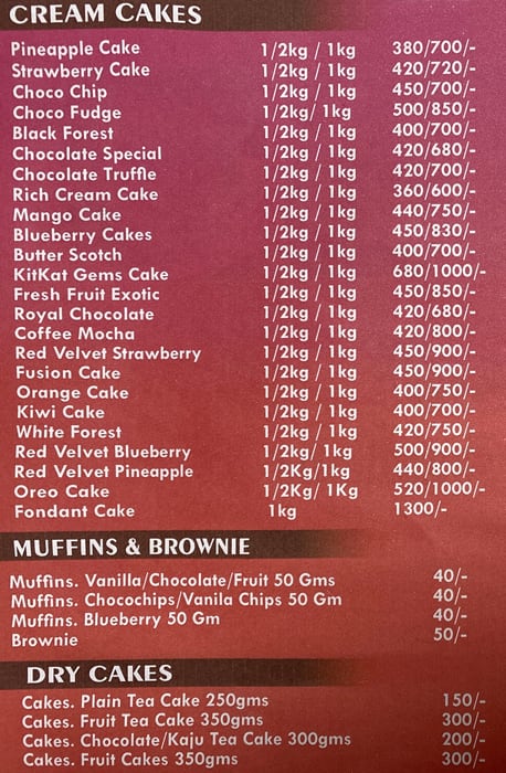 Cakewalk Bakers menu