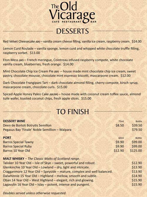 Menu at The Old Vicarage Cafe, Restaurant & Bar, Christchurch