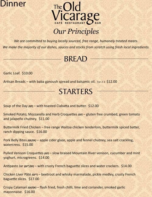 Menu at The Old Vicarage Cafe, Restaurant & Bar, Christchurch