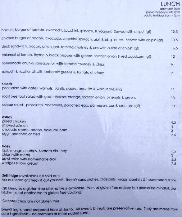 Junto Menu, Menu podniku Junto, Bentleigh, Melbourne Urbanspoon/Zomato