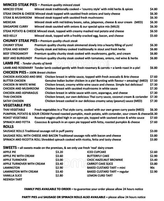 Upper Crust Pies Menu, Menu untuk Upper Crust Pies, Collaroy, Sydney