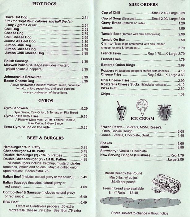 Menu at Don's Hot Dogs restaurant, Orland Park, Wolf Rd