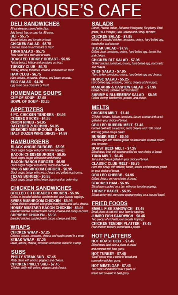 Crouse's Cafe Menu, Menu for Crouse's Cafe, Indiana, Johnstown