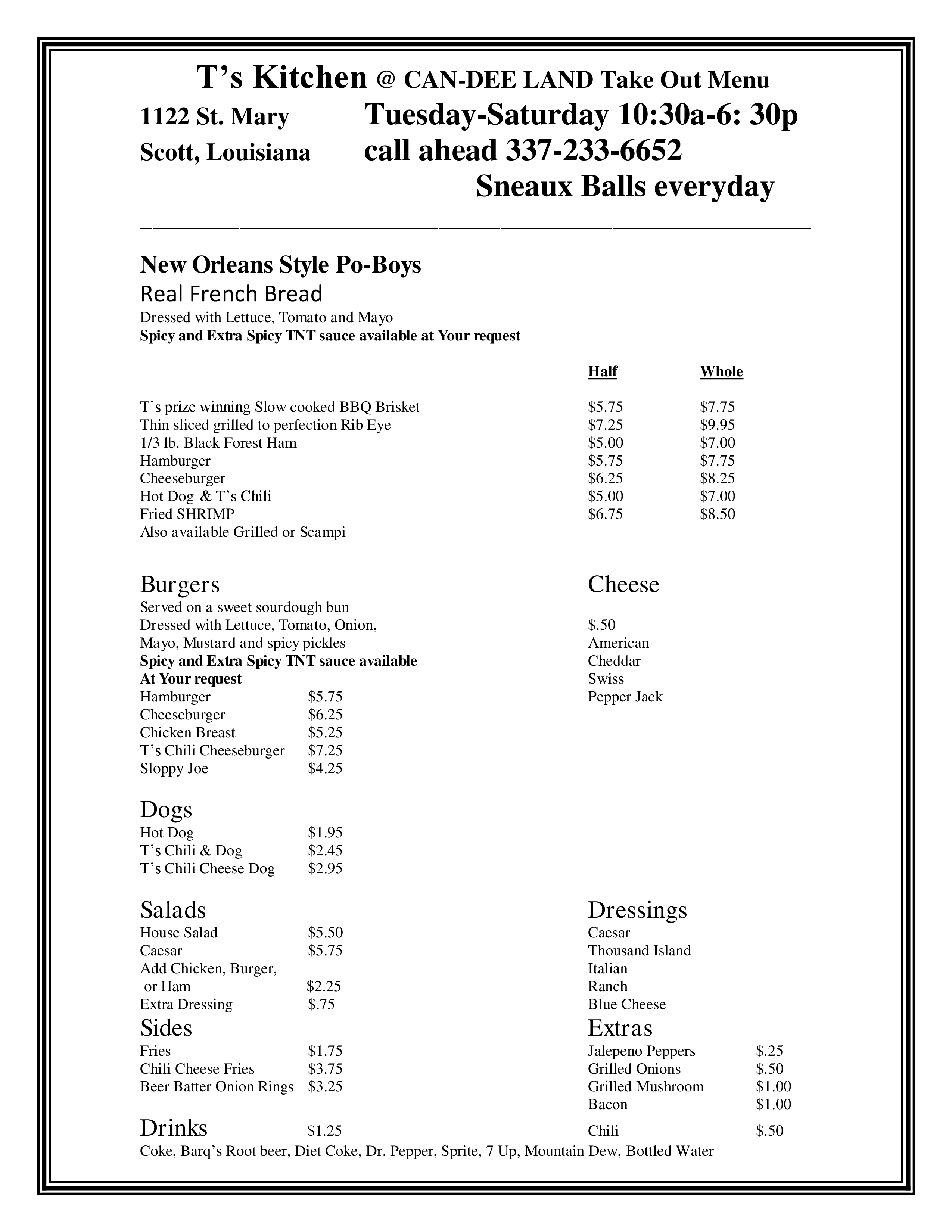 T's Kitchen Menu, Menu for T's Kitchen, Scott, Lafayette Urbanspoon