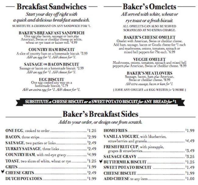 Menu at Baker's Kitchen restaurant, New Bern