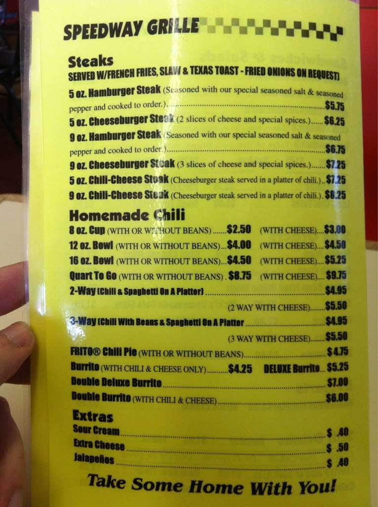 Menu at Speedway Grille restaurant, Muskogee