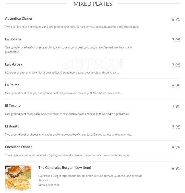 Los Generales menu