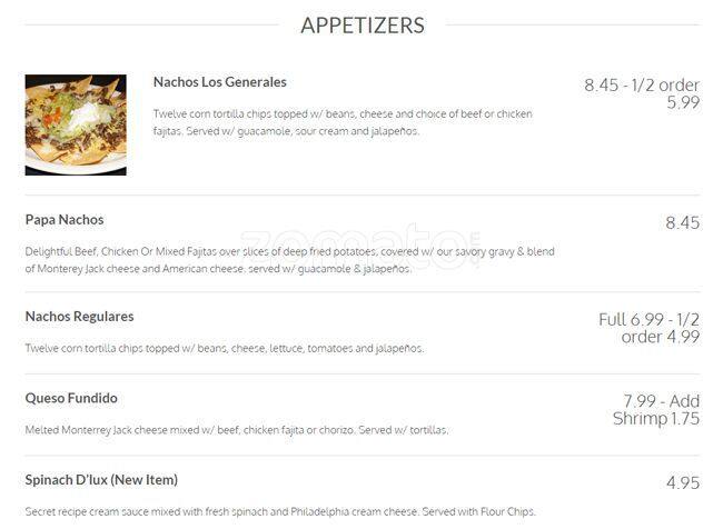Los Generales menu