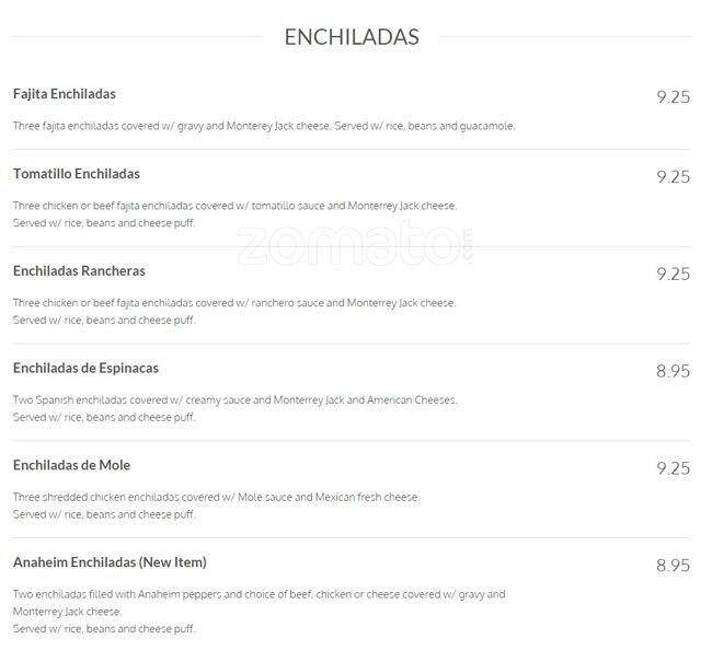 Los Generales menu