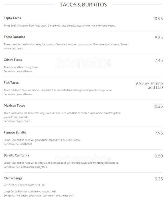 Los Generales menu