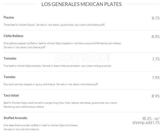 Los Generales menu