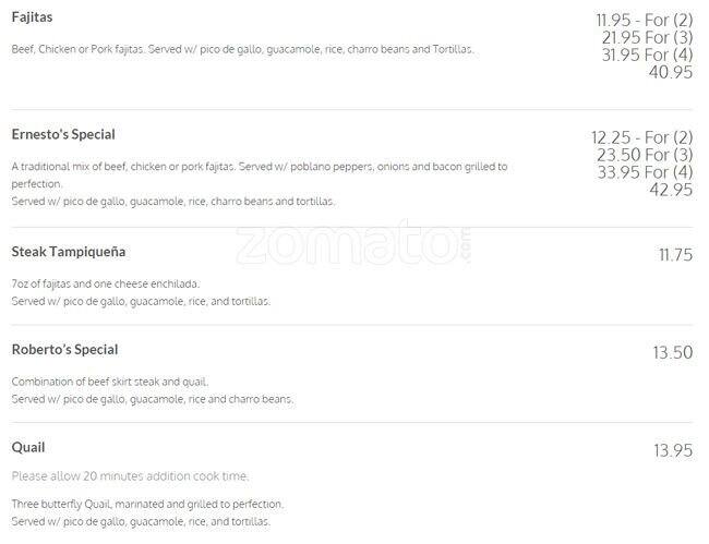 Los Generales menu