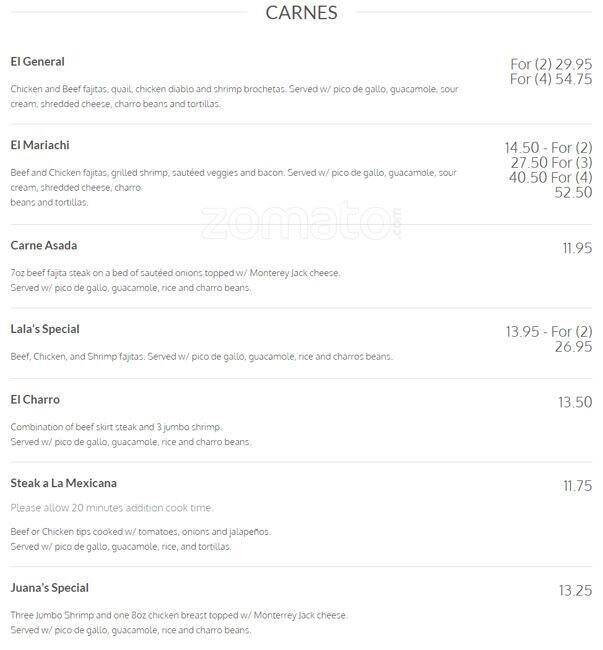 Los Generales menu