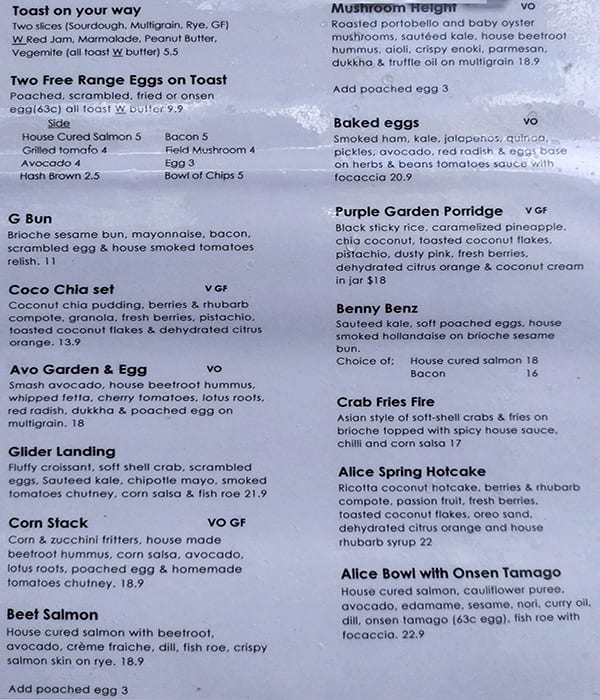 Menu at Glider Garden cafe, Potts Point