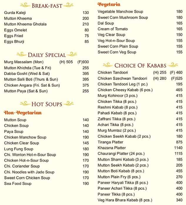 Menu Of Shalimar, Mohammad Ali Road, Mumbai