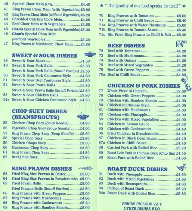 Menu at CHAN'S Restaurant, London