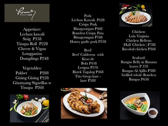 Menu at Romulo Café restaurant, Quezon City, Lazcano cor.