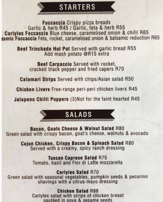 Menu de Carlyles On Derry