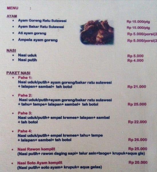 Menu at Ratu Sulawesi restaurant, Bogor