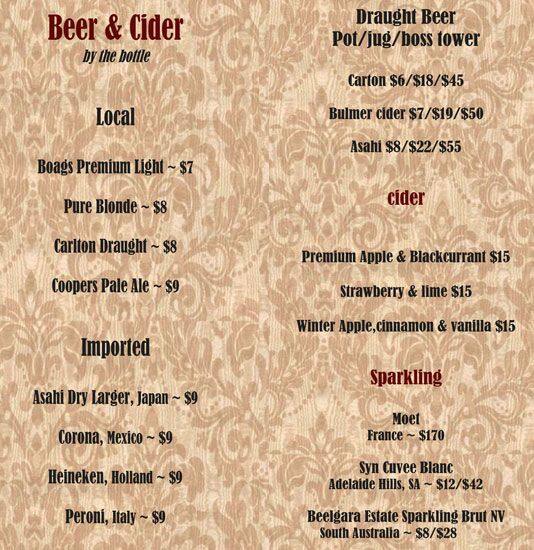 Boss Karaoke Menu, Menu for Boss Karaoke, Little Bourke Street, CBD