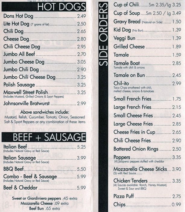 Don's Dogs Menu, Menu for Don's Dogs, Orland Park, Chicago - Urbanspoon