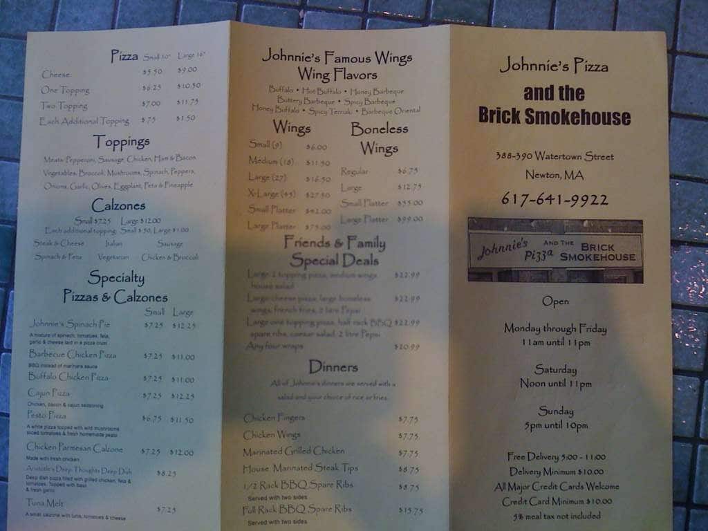 Menu at Johnnie's Pizza & Wings restaurant, Watertown