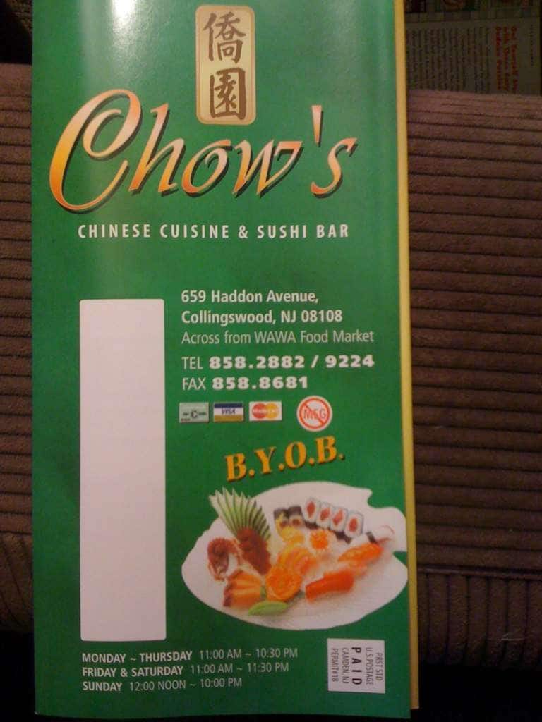 Menu at Chow's Chinese Restaurant, Collingswood