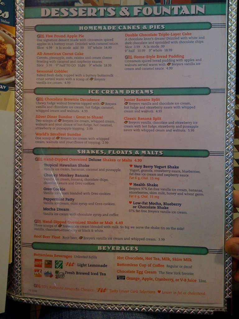 Menu at Silver Diner restaurant, Tuckahoe