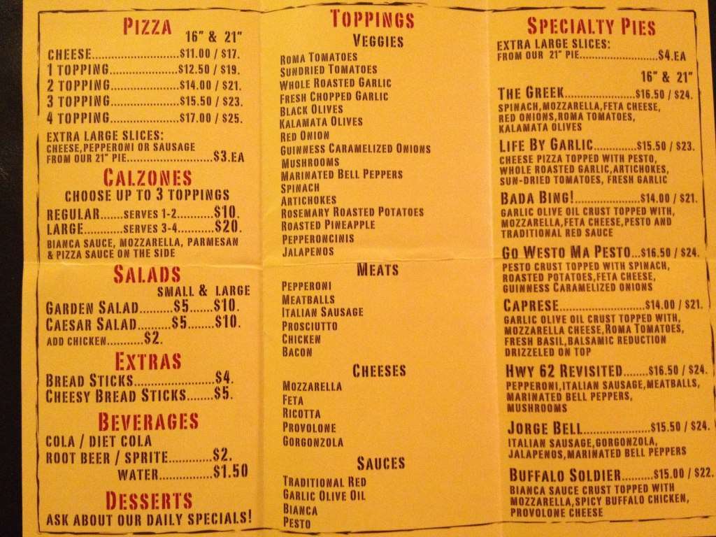 Pie For the People Menü, Pie For the People, Joshua Tree, Palm Springs