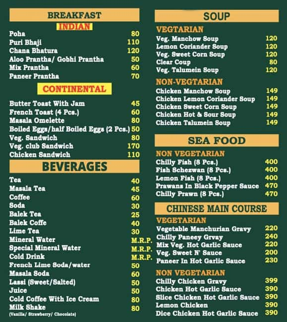 Menu of Affluence Hotel, Kharar Road, Mohali