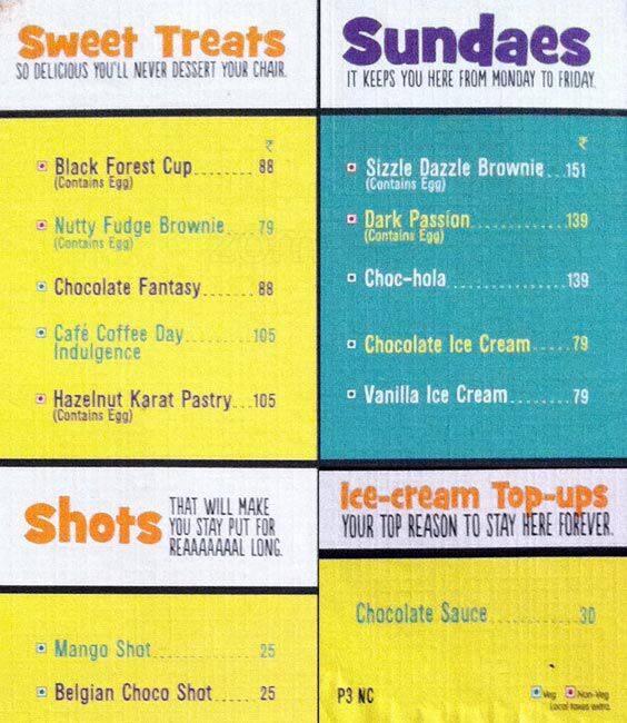 Menu at Cafe Coffee Day, Mumbai, Kailash Parbat