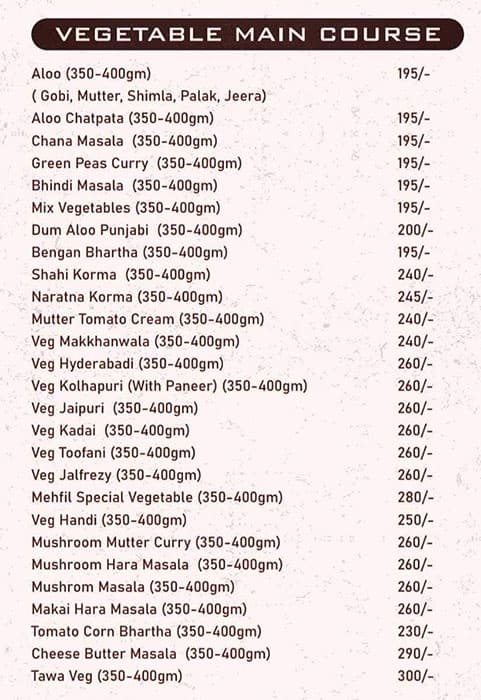 New Mehfil Restaurant menu