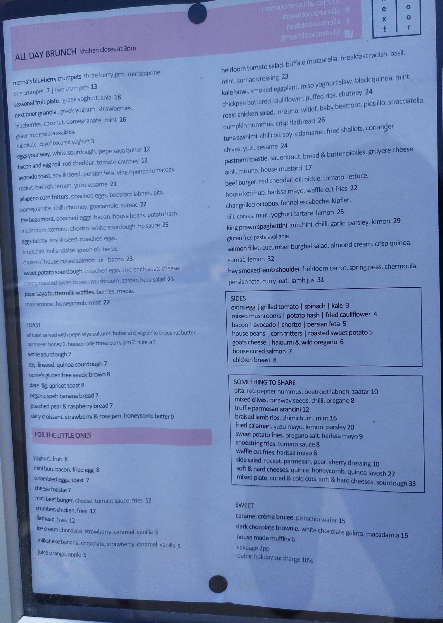 Menu At Next Door Pub Bar Cronulla