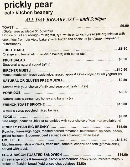 Prickly Pear Menu, Menu for Prickly Pear, Malvern, Melbourne