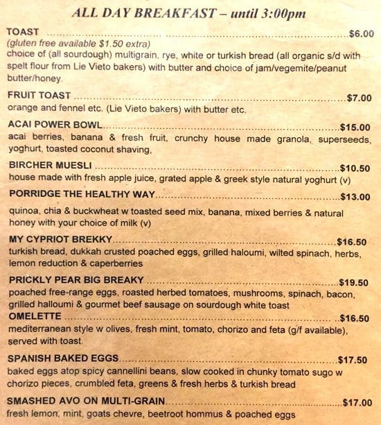 Prickly Pear Menu, Menu for Prickly Pear, Malvern, Melbourne