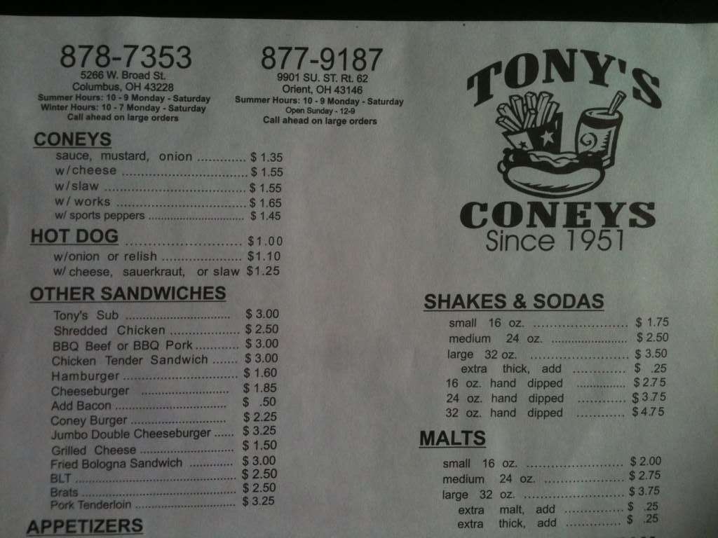 Menu at Tony's Coneys restaurant, Columbus