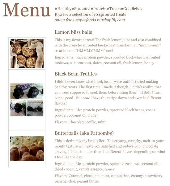 Fria's Superfoods Menu, Menu for Fria's Superfoods, Woodstock, Cape