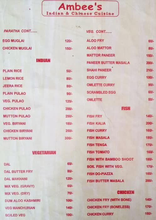 Ambee's Indian & Chinese Cuisine menu