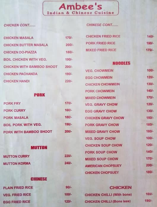 Ambee's Indian & Chinese Cuisine menu