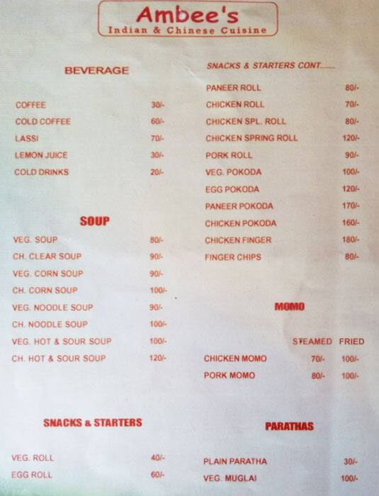 Ambee's Indian & Chinese Cuisine menu