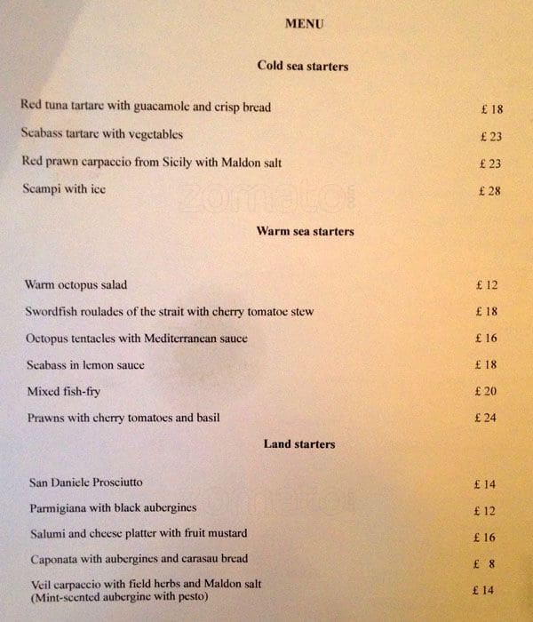 Piccola Cucina Menu, Menu for Piccola Cucina, Notting Hill, London