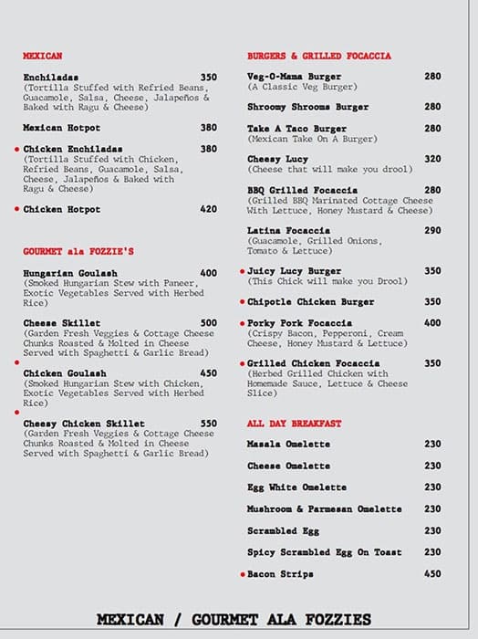 Menu of Fozzie's Pizzaiolo, Bodakdev, Ahmedabad