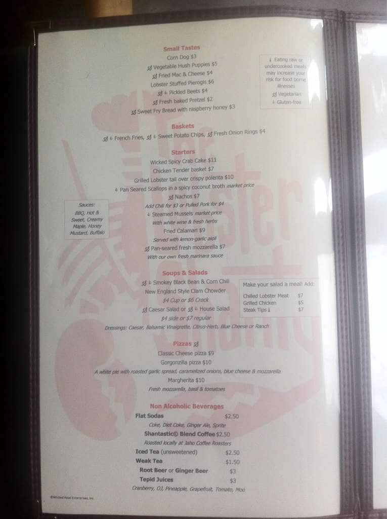Lobster Shanty Menu, Menu for Lobster Shanty, Salem, Boston