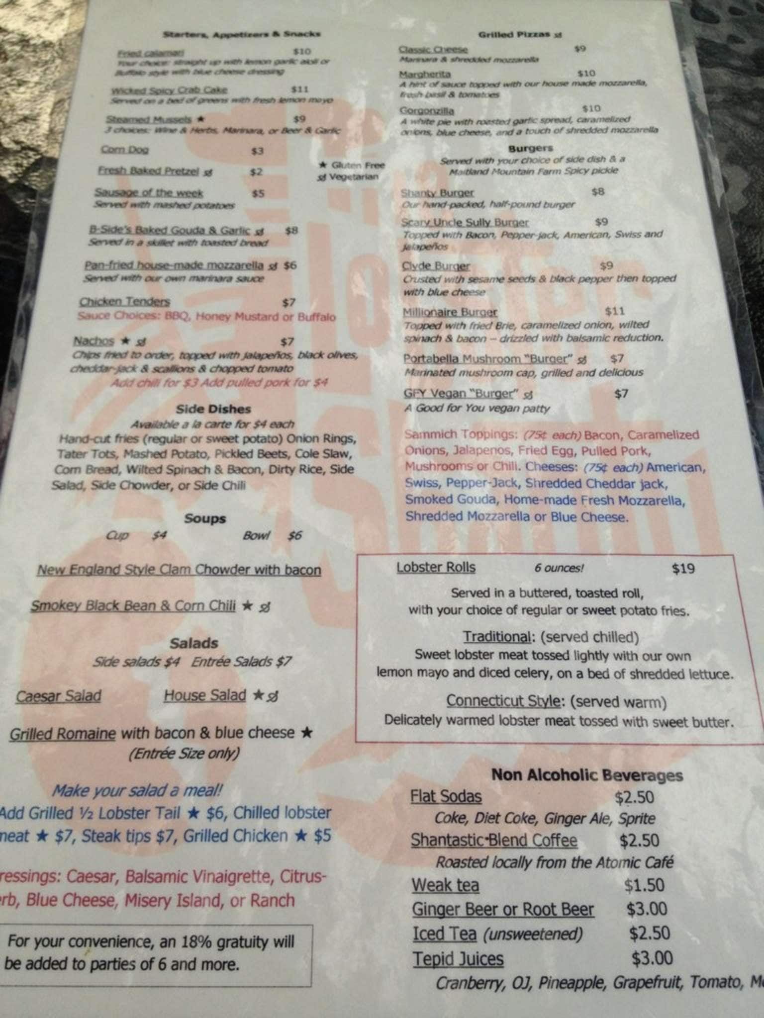 Menu at Lobster Shanty pub & bar, Salem, 25 Front St